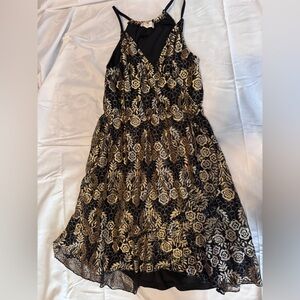 Altar’d State Gold Lace V Neck Spaghetti Strap Faux Wrap Party Dress Metallic